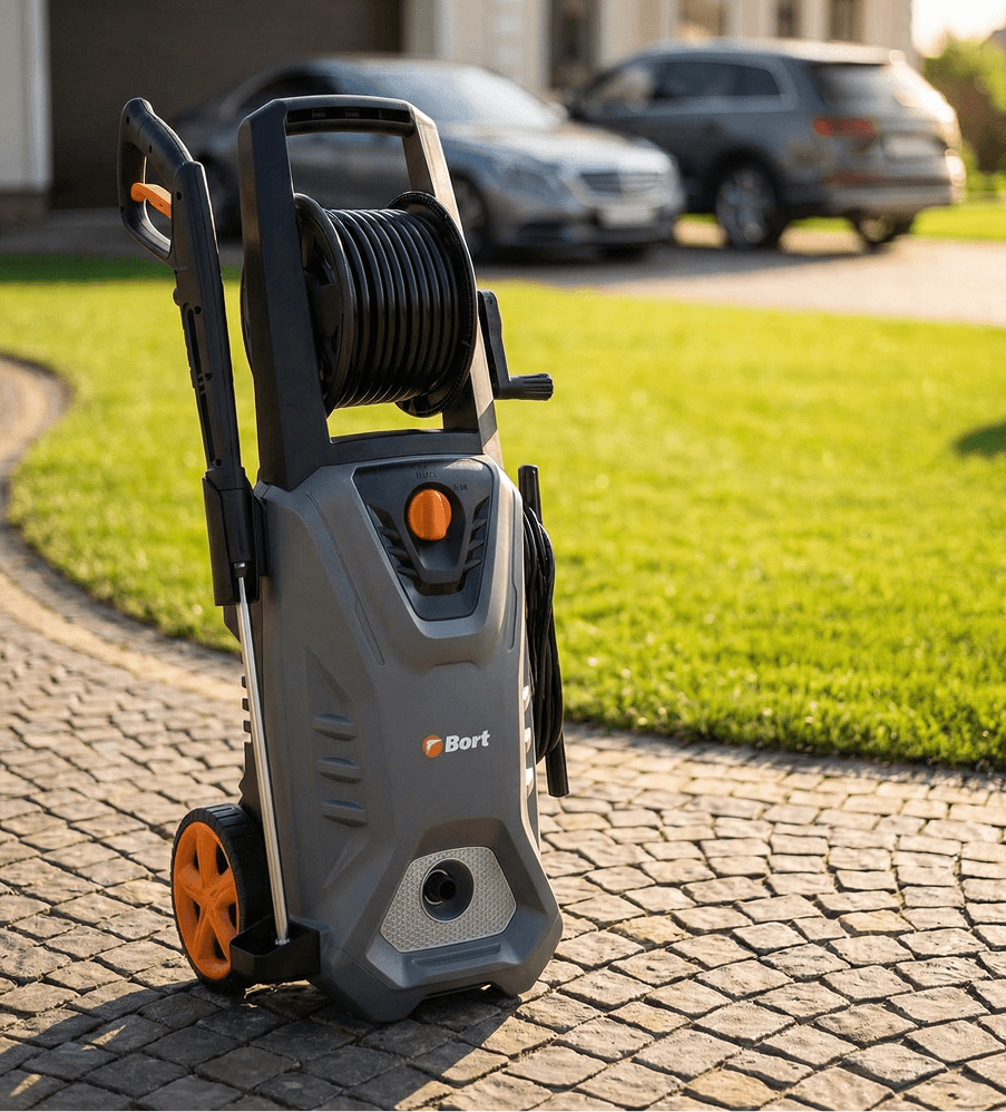 Мойка высокого давления Bort KEX-2700-R в работе